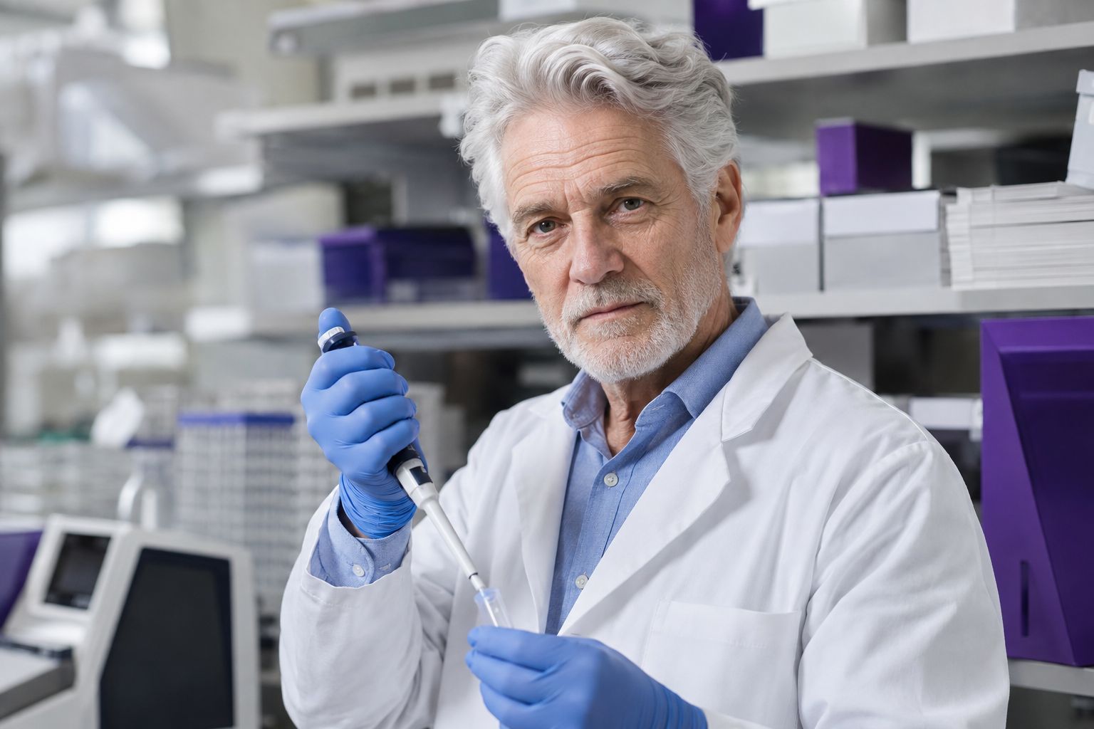 Chercheur en blouse blanche manipulant une pipette dans un laboratoire